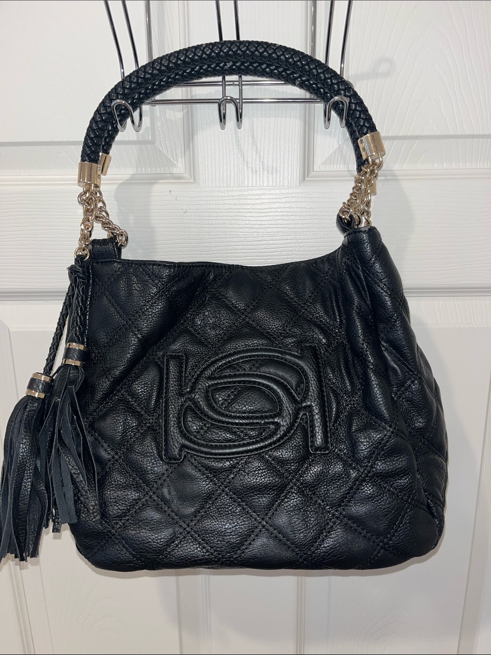 bebe Black Quilted Leather Shoulder Bag with Braided Handle & Tassels